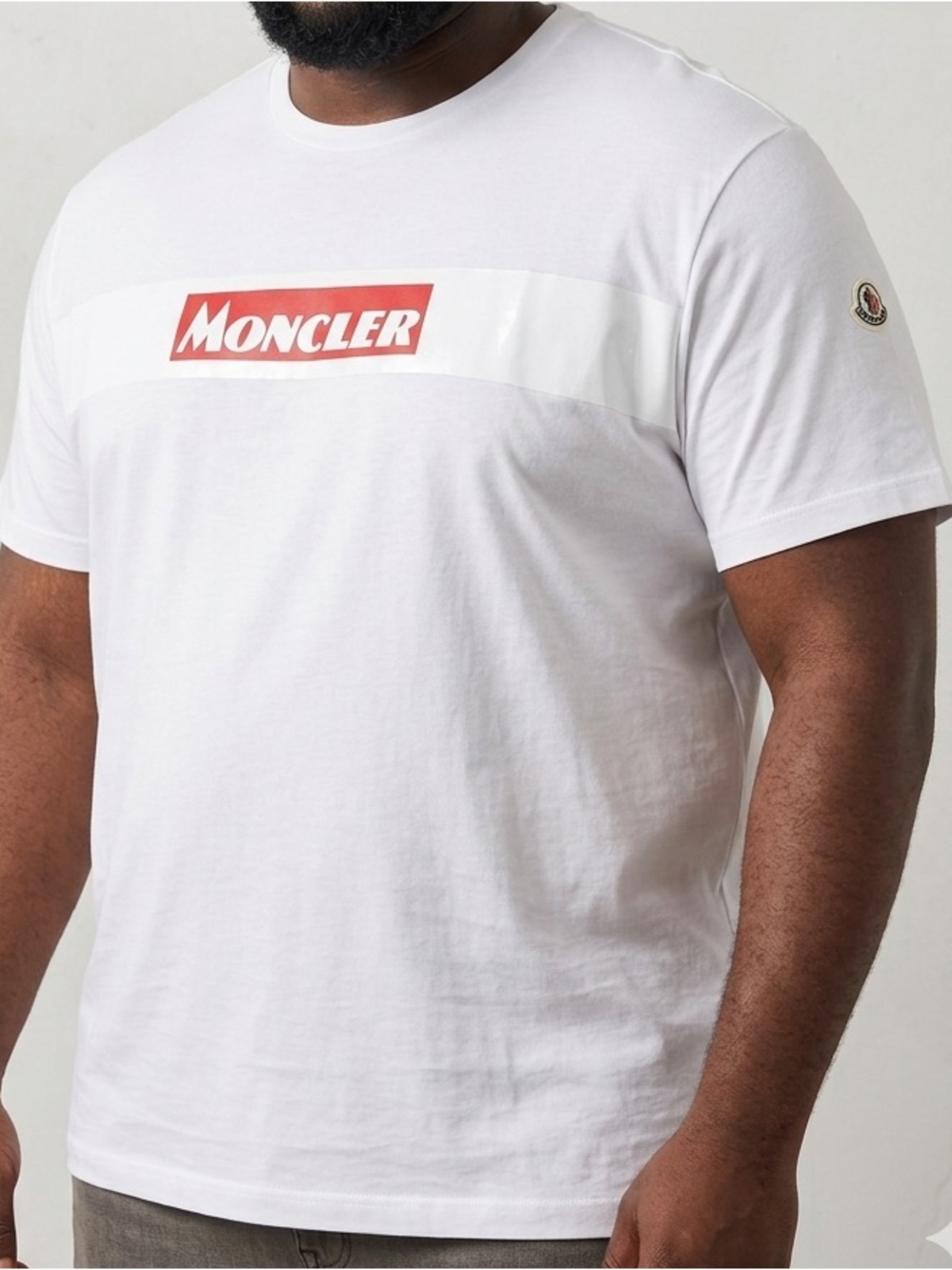 Moncler White Short Sleeve Tee with Red Logo Panel